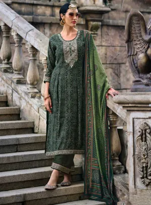 Party Wear Unstitched Muslin Salwar Suit with Fancy Work Green