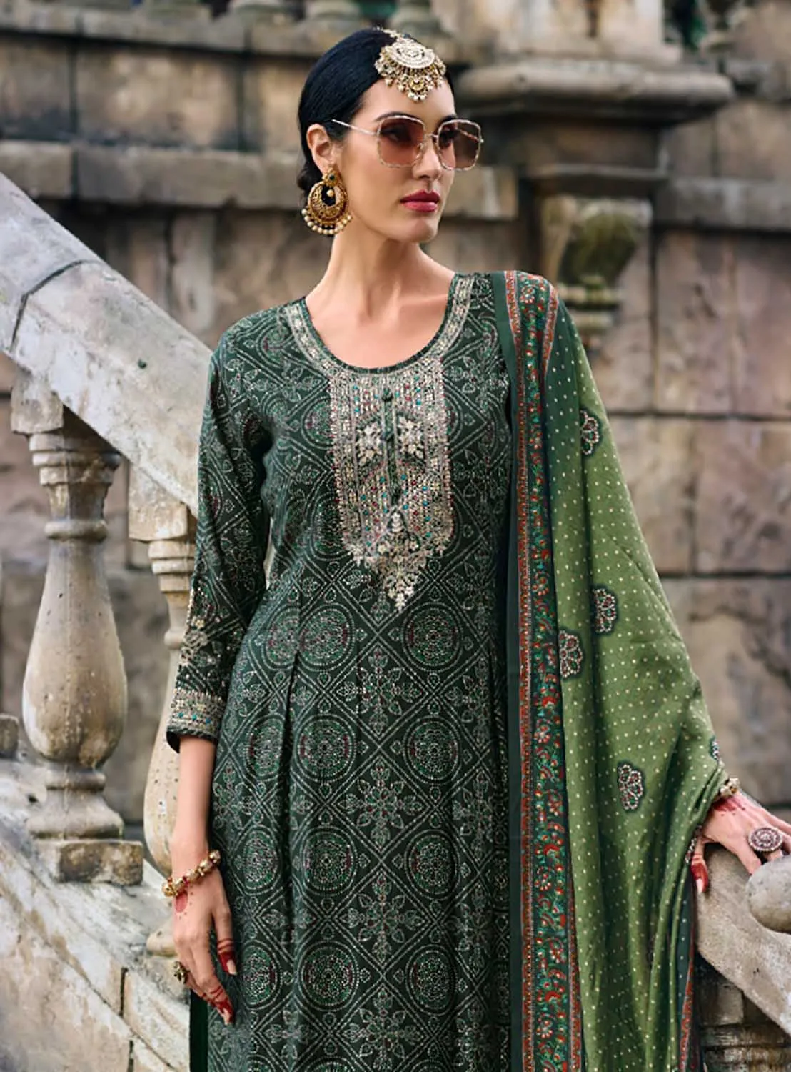 Party Wear Unstitched Muslin Salwar Suit with Fancy Work Green
