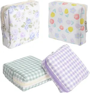 Paterr 4 Pcs Mini Quilted Floral Makeup Bag Small Coquette Cosmetic Bag Aesthetic Floral Makeup Pouch with Zipper Cute Travel Toiletry Essentials for Women (Blue Flower, Checked)