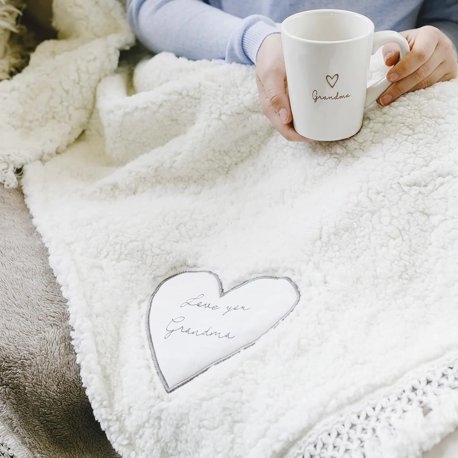Pavilion Gift Company - Love You Grandma - 42x50 Inch Super Soft Sherpa Tassel Fringe Blanket Wrapped in A Ribbon with A Handle