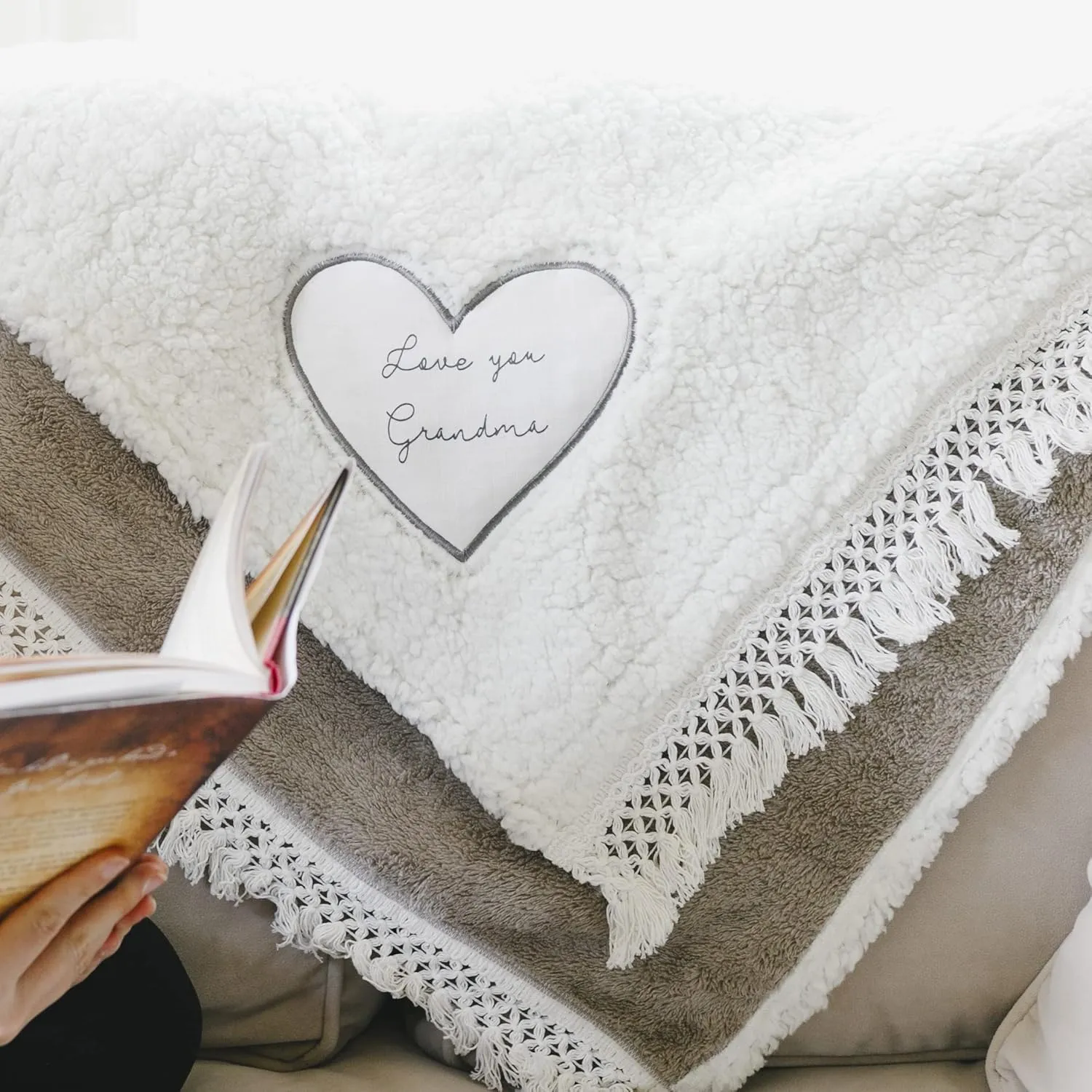 Pavilion Gift Company - Love You Grandma - 42x50 Inch Super Soft Sherpa Tassel Fringe Blanket Wrapped in A Ribbon with A Handle