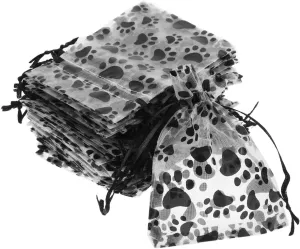 Paw Print Organza Bags: 50 Pcs Jewelry Drawstring Storage Bag - 4.7X3.5in Black Sheer Organza Wedding Favor for Theme Party Candy Goodie