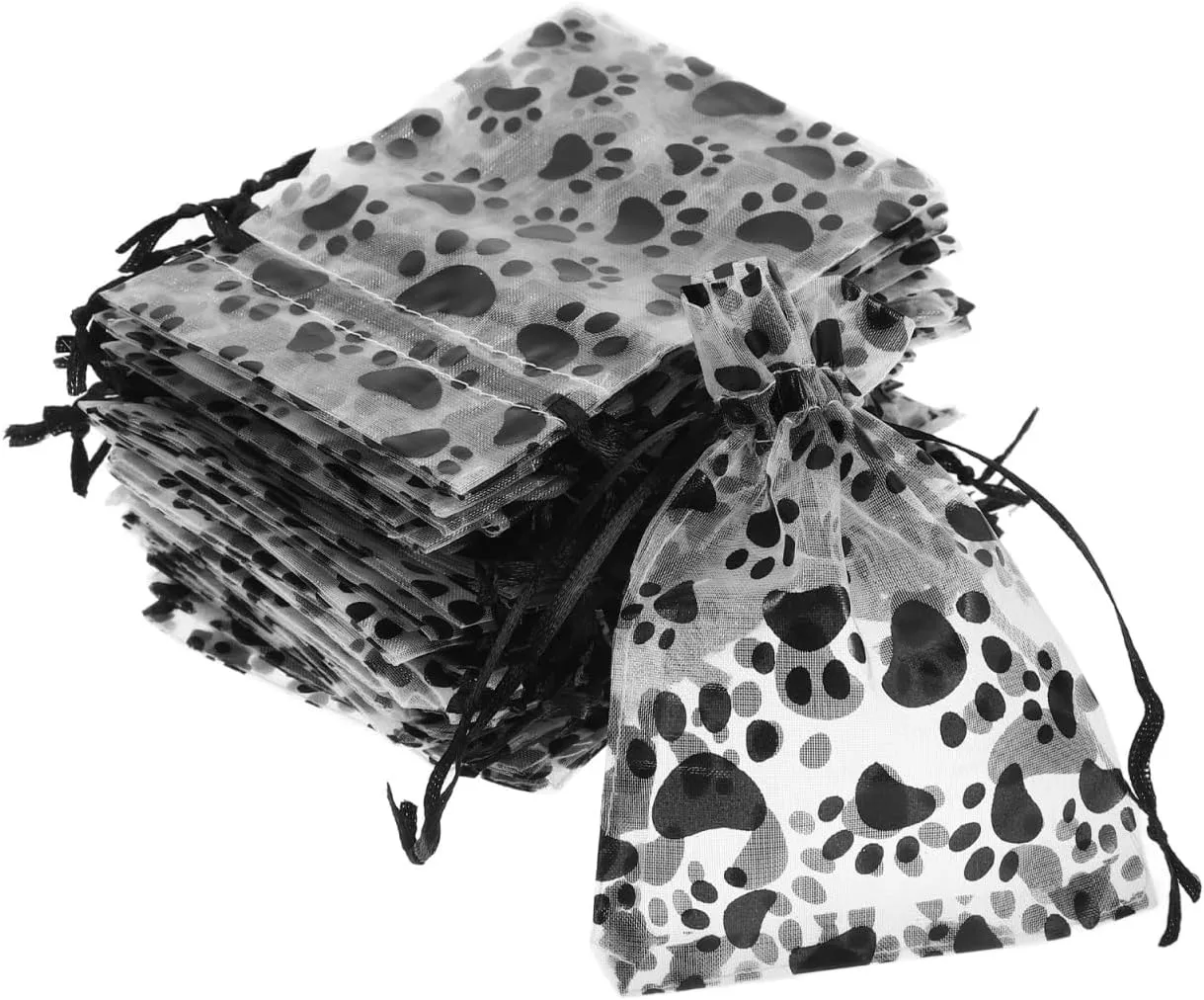 Paw Print Organza Bags: 50 Pcs Jewelry Drawstring Storage Bag - 4.7X3.5in Black Sheer Organza Wedding Favor for Theme Party Candy Goodie