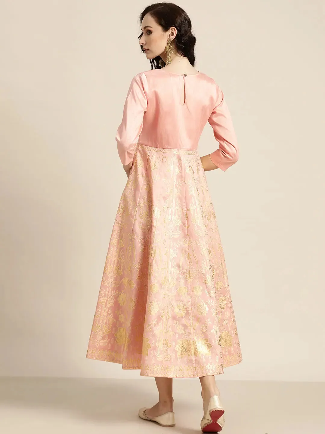Peach Gold Foil Print Anarkali Maxi Dress