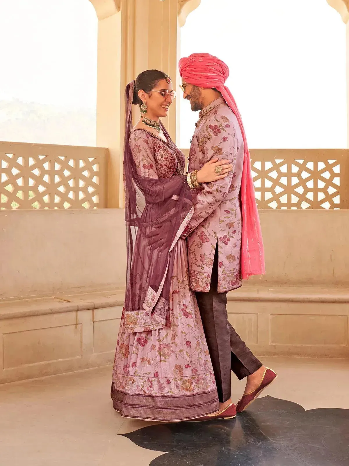 Peach Men's Indo-wester Silk Foil Print Sherwani Set For Weeding
