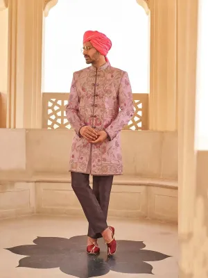 Peach Men's Indo-wester Silk Foil Print Sherwani Set For Weeding