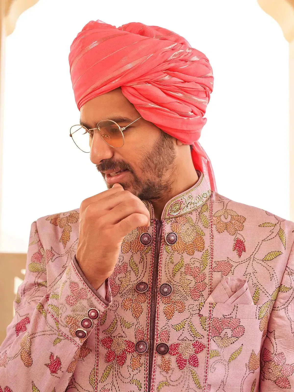 Peach Men's Indo-wester Silk Foil Print Sherwani Set For Weeding