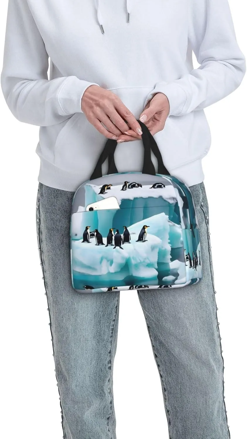 Penguins On The Iceberg Print Lunch Bags Insulated,Reusable Insulated Lunchbox Work Travel Hiking Picnic Beach