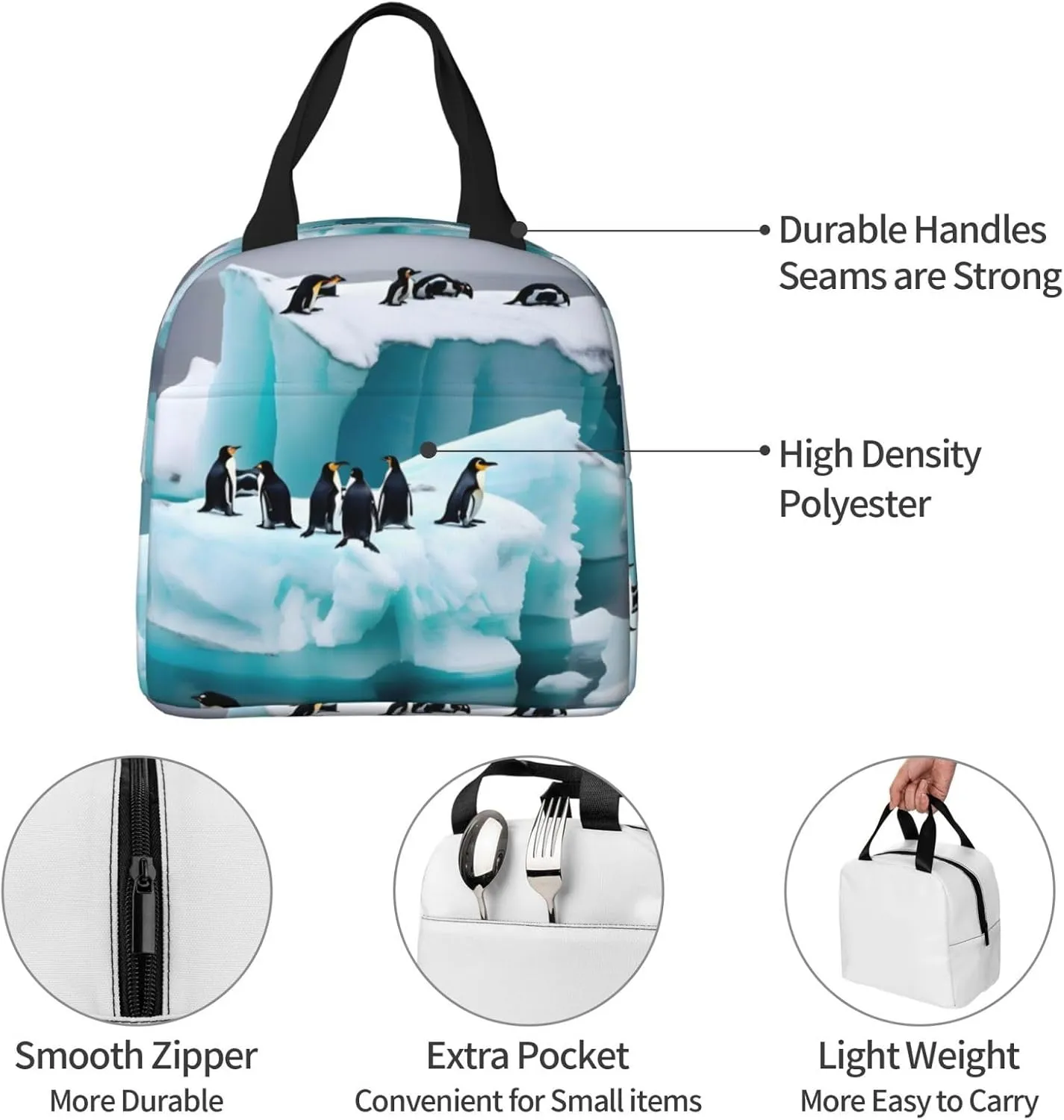 Penguins On The Iceberg Print Lunch Bags Insulated,Reusable Insulated Lunchbox Work Travel Hiking Picnic Beach
