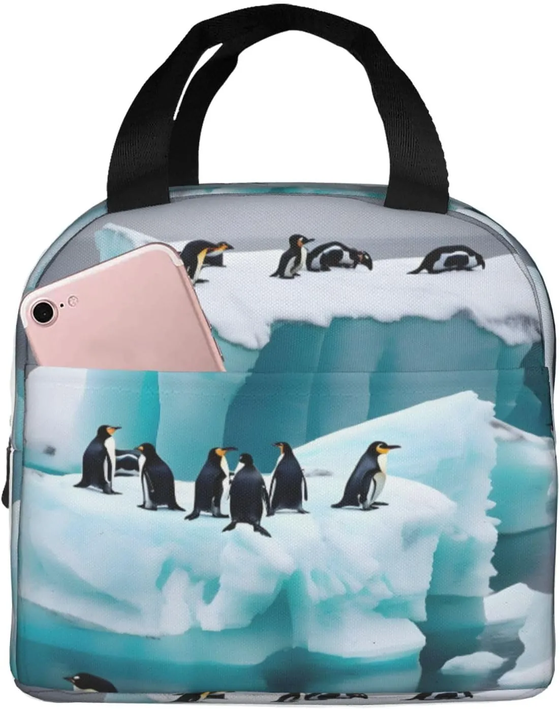 Penguins On The Iceberg Print Lunch Bags Insulated,Reusable Insulated Lunchbox Work Travel Hiking Picnic Beach