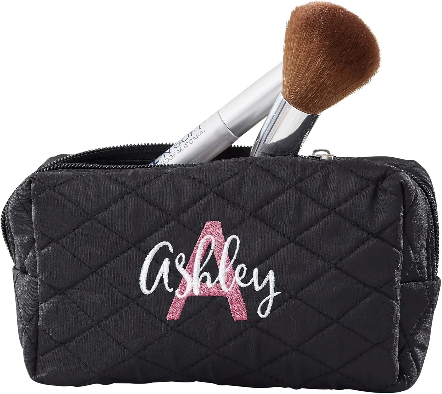 Personalization Universe Playful Name Embroidered Quilted Cosmetic Bag - Personalized Makeup Bag - Travel Essentials for Makeup - 100% Polyester, Zipper Closure, Lined, Easy Cleaning, 7x4.5x2.5 inches