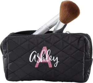 Personalization Universe Playful Name Embroidered Quilted Cosmetic Bag - Personalized Makeup Bag - Travel Essentials for Makeup - 100% Polyester, Zipper Closure, Lined, Easy Cleaning, 7x4.5x2.5 inches