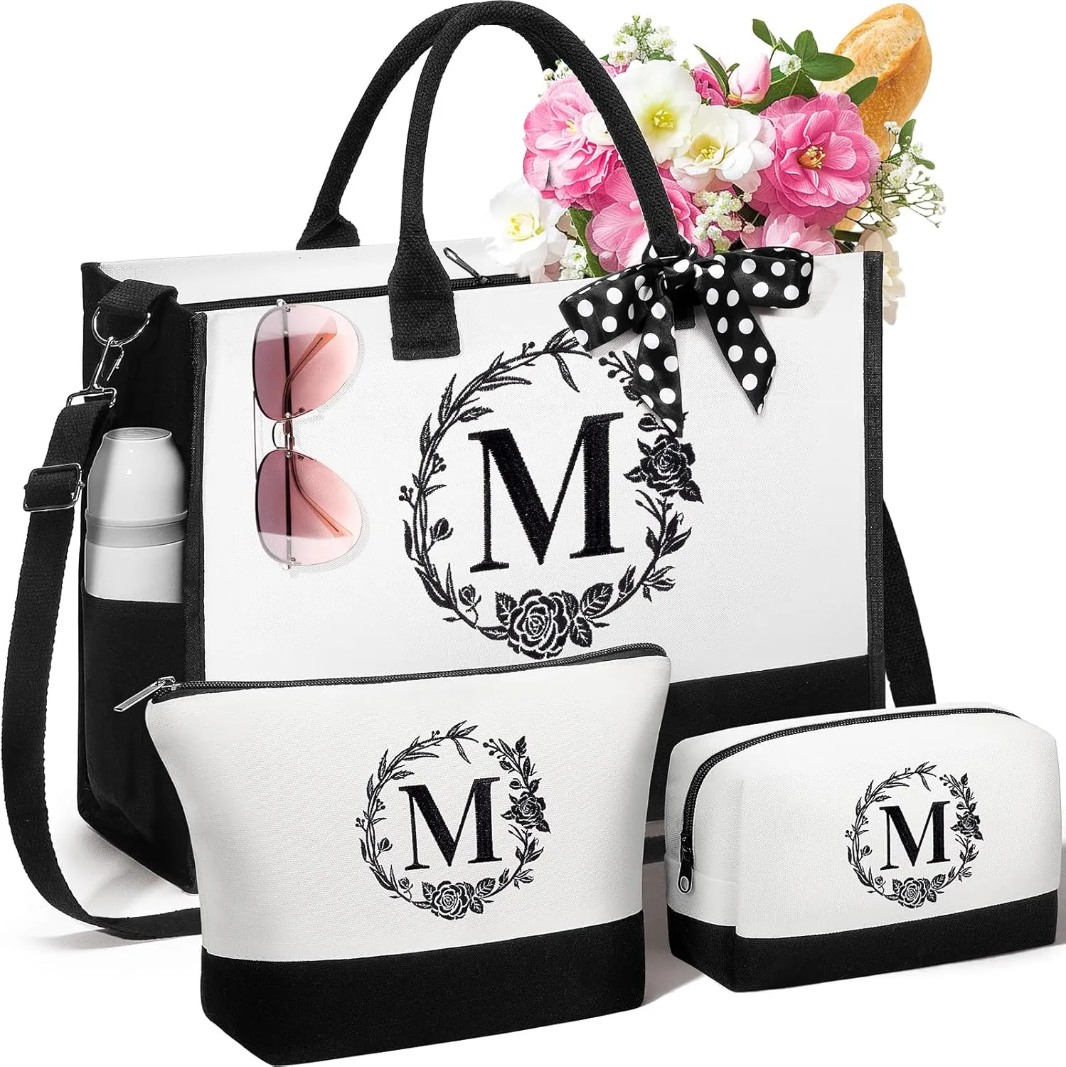 Personalized Mothers Day Gifts for Women, Initial Canvas Tote Bag & Makeup Bag Monogrammed Beach Tote Bag for Women w/Zipper, Birthday Gifts for Women Mom Her Girlfriend Wife Sister Friend Daughter
