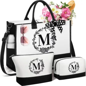 Personalized Mothers Day Gifts for Women, Initial Canvas Tote Bag & Makeup Bag Monogrammed Beach Tote Bag for Women w/Zipper, Birthday Gifts for Women Mom Her Girlfriend Wife Sister Friend Daughter