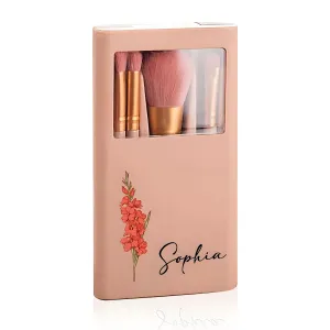 Personalized Travel Makeup Brush Set, Custom Birth Flower and Name on mini Makeup Brushes Case - Travel Size Gifts for Her