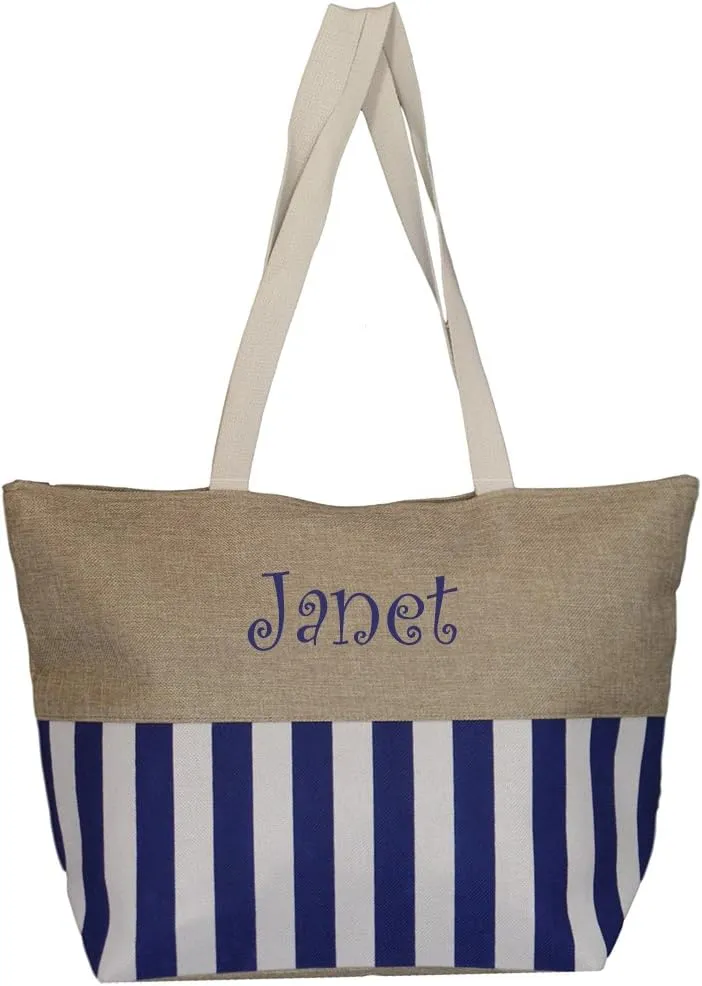 Personalized with Embroidered Name Large Zipper Top Stripe Print Canvas Beach Bag Tote - 22 inches by 14 inches by 7 inches