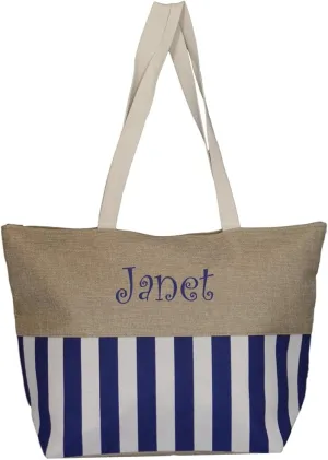 Personalized with Embroidered Name Large Zipper Top Stripe Print Canvas Beach Bag Tote - 22 inches by 14 inches by 7 inches