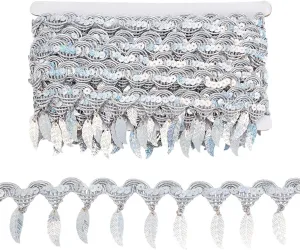PH PandaHall 10 Yards Silver Sequin Fringe Trim Leaf Tassel Ribbon, Fabric Decorative Trim Edging Trim Sewing Ribbon for Wedding Dance Dress Sewing Garments Belt Halt Home Decoration