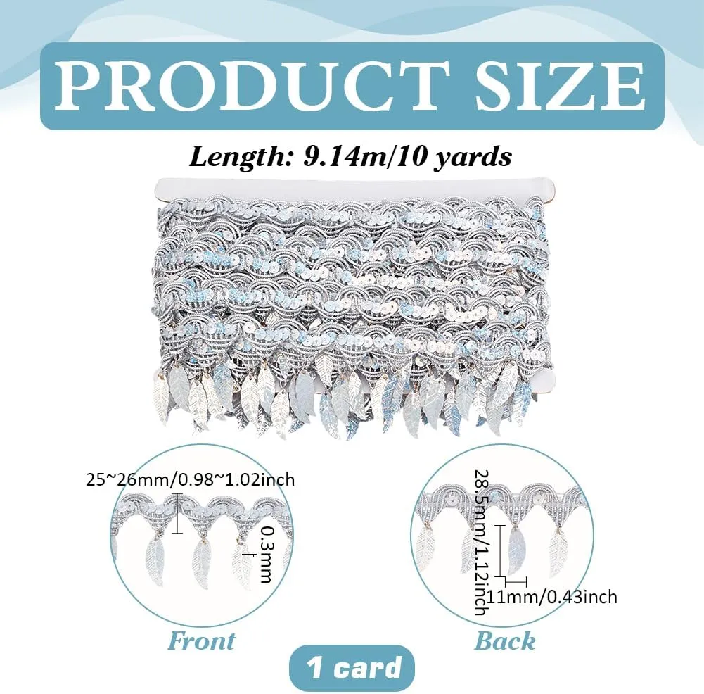PH PandaHall 10 Yards Silver Sequin Fringe Trim Leaf Tassel Ribbon, Fabric Decorative Trim Edging Trim Sewing Ribbon for Wedding Dance Dress Sewing Garments Belt Halt Home Decoration
