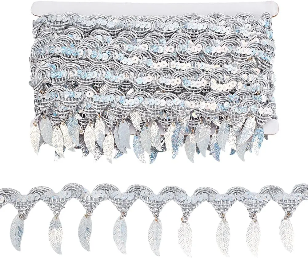 PH PandaHall 10 Yards Silver Sequin Fringe Trim Leaf Tassel Ribbon, Fabric Decorative Trim Edging Trim Sewing Ribbon for Wedding Dance Dress Sewing Garments Belt Halt Home Decoration