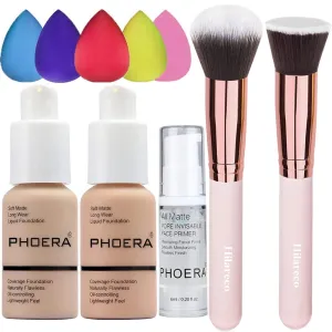 PHOERA Foundation 102 and 103 & Face Primer,Liquid Full Coverage Foundation Set,Foundation Brush Powder Brush,5 Makeup Sponge,30ml PHOERA 24HR Matte Oil Control Concealer (102 Nude   103 Warm peach)