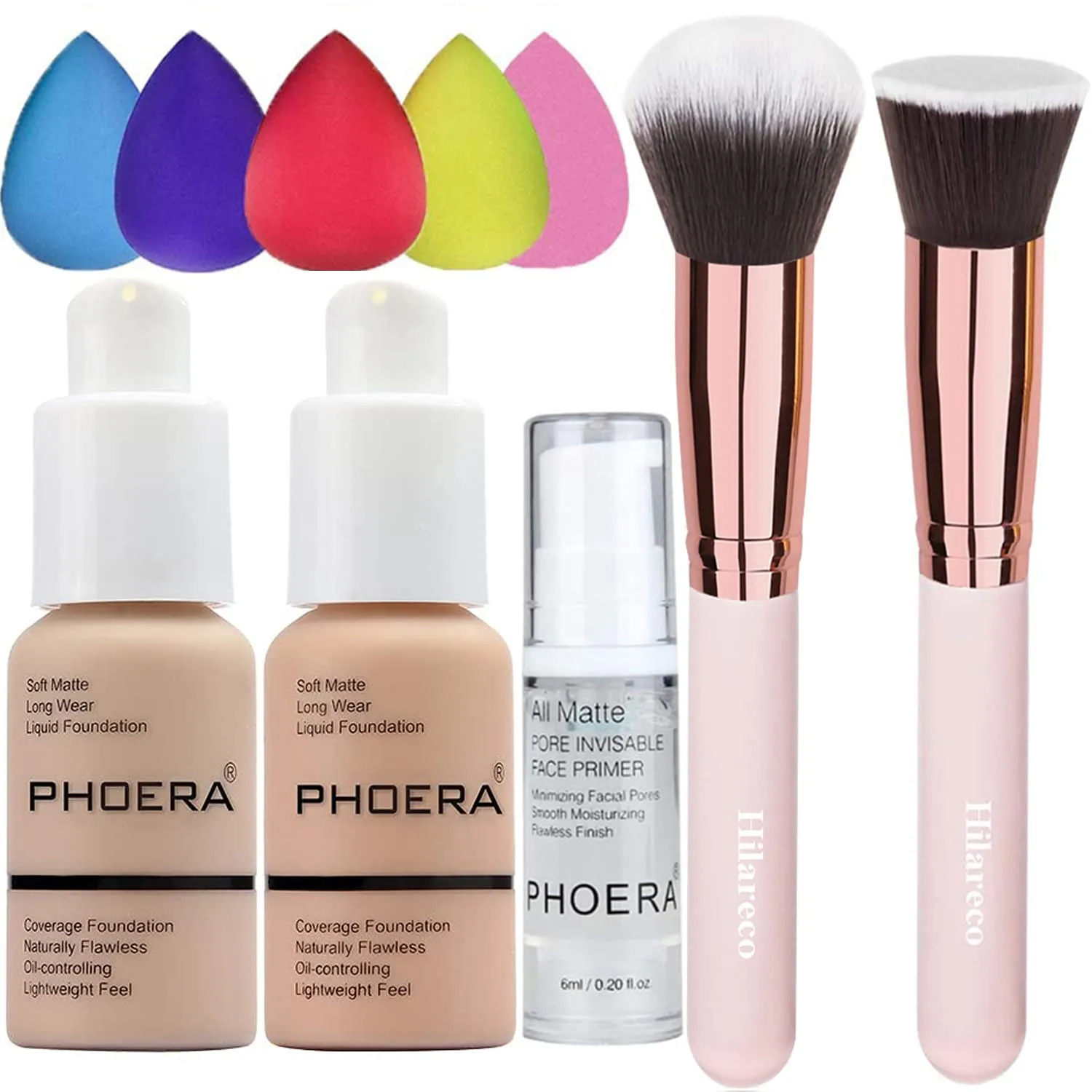 PHOERA Foundation 102 and 103 & Face Primer,Liquid Full Coverage Foundation Set,Foundation Brush Powder Brush,5 Makeup Sponge,30ml PHOERA 24HR Matte Oil Control Concealer (102 Nude   103 Warm peach)