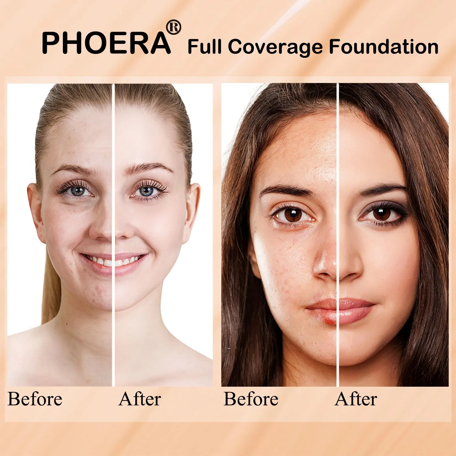 PHOERA Foundation 102 and 104 & Face Primer,Liquid Full Coverage Foundation Set,Foundation Brush Powder Brush,5 Makeup Sponge,30ml PHOERA 24HR Matte Oil Control Concealer (102 Nude   104 Buff Beige)