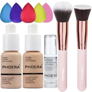 PHOERA Foundation 102 and 104 & Face Primer,Liquid Full Coverage Foundation Set,Foundation Brush Powder Brush,5 Makeup Sponge,30ml PHOERA 24HR Matte Oil Control Concealer (102 Nude   104 Buff Beige)