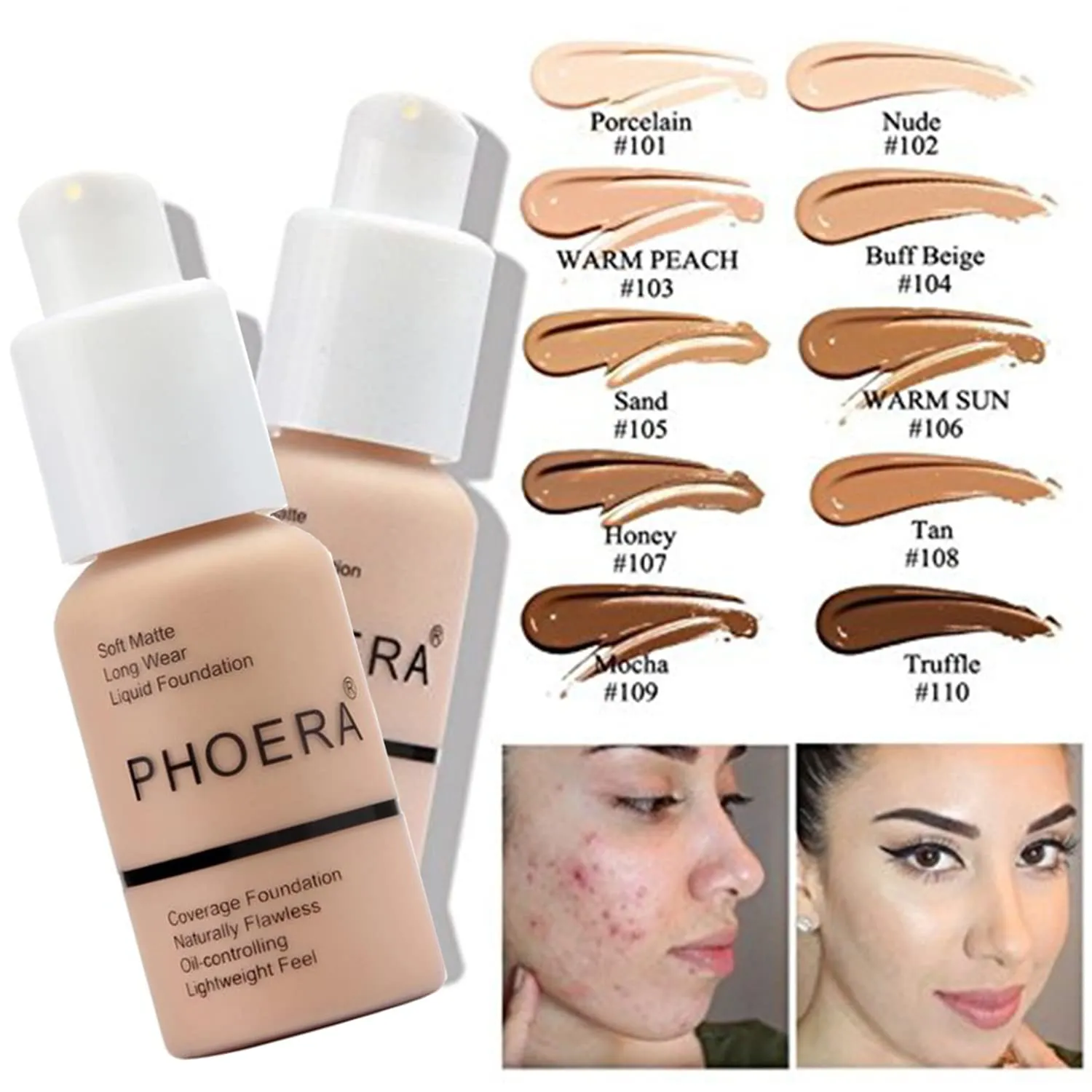 PHOERA Foundation 102 and 104 & Face Primer,Liquid Full Coverage Foundation Set,Foundation Brush Powder Brush,5 Makeup Sponge,30ml PHOERA 24HR Matte Oil Control Concealer (102 Nude   104 Buff Beige)