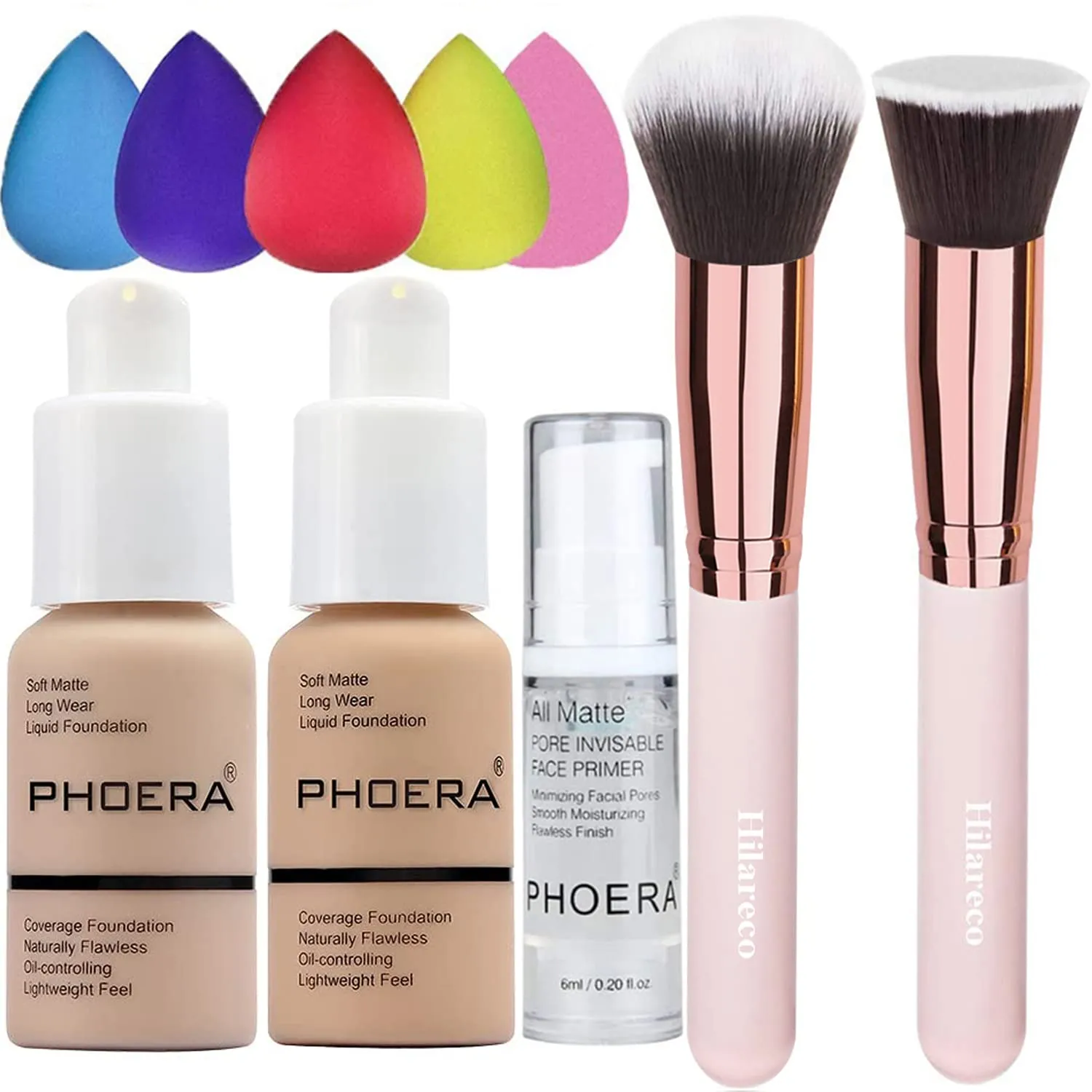 PHOERA Foundation 102 and 104 & Face Primer,Liquid Full Coverage Foundation Set,Foundation Brush Powder Brush,5 Makeup Sponge,30ml PHOERA 24HR Matte Oil Control Concealer (102 Nude   104 Buff Beige)