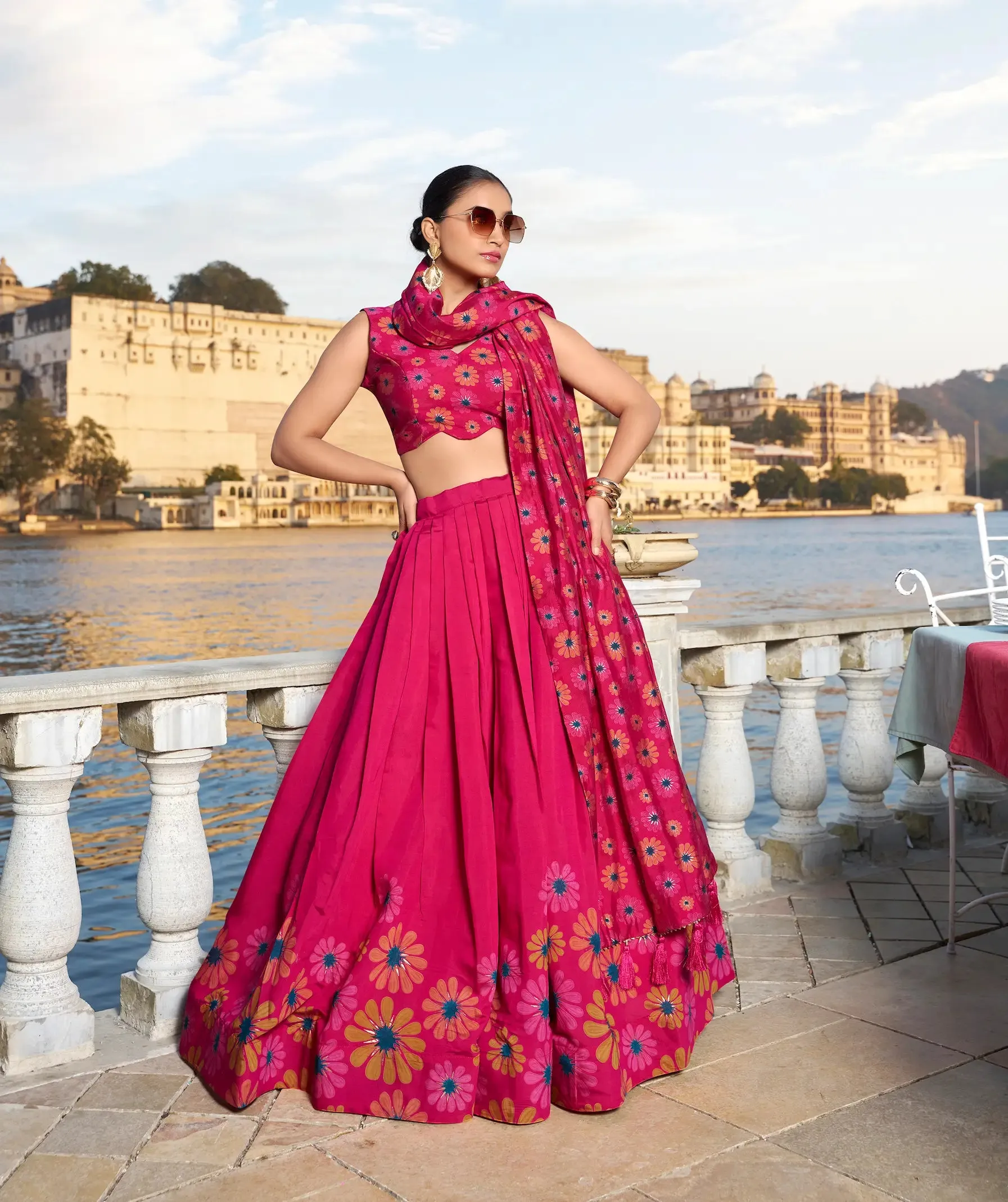 Pink Tussar Silk Floral Printed Lehenga Choli | Ready To Wear