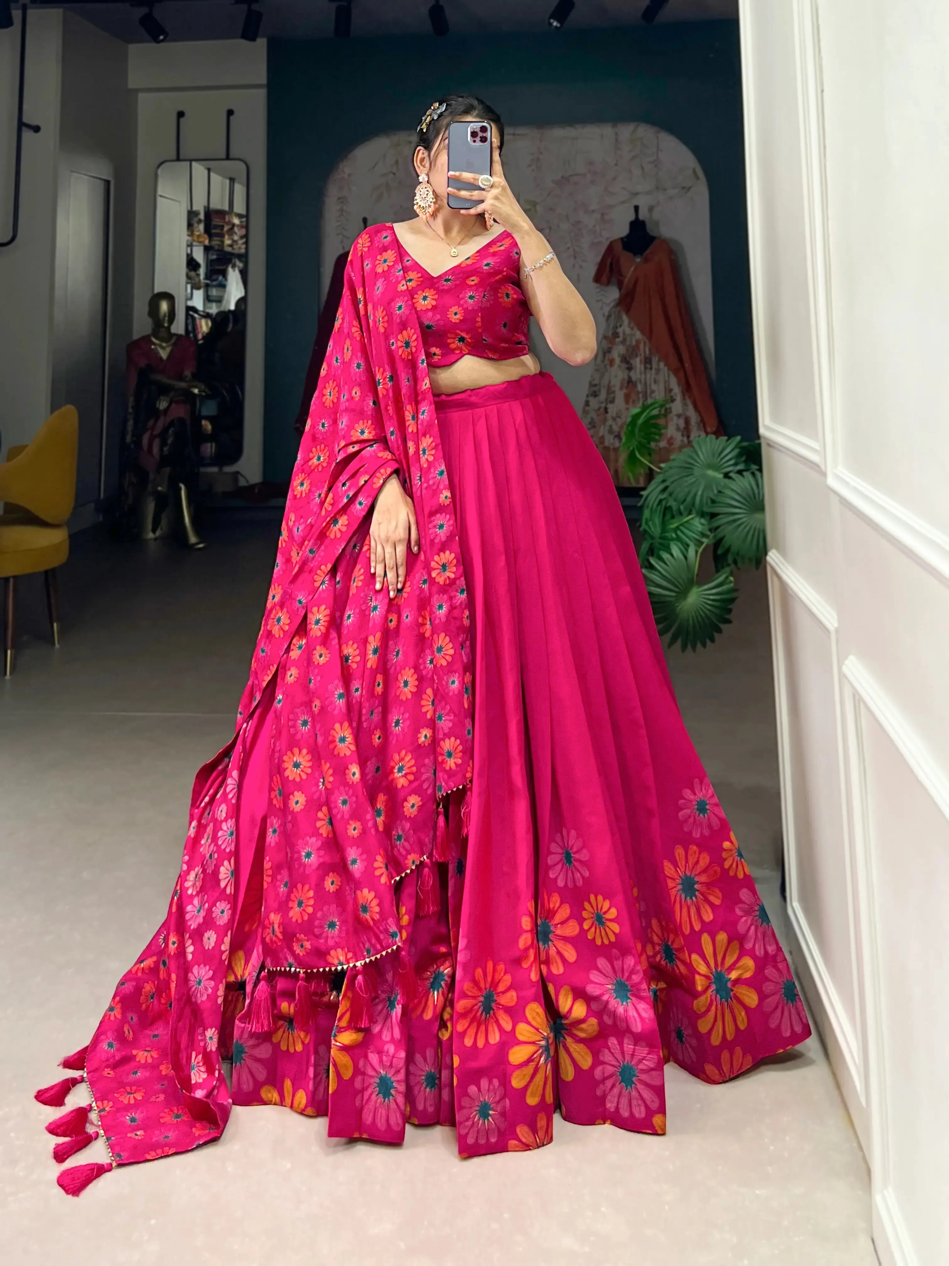Pink Tussar Silk Floral Printed Lehenga Choli | Ready To Wear