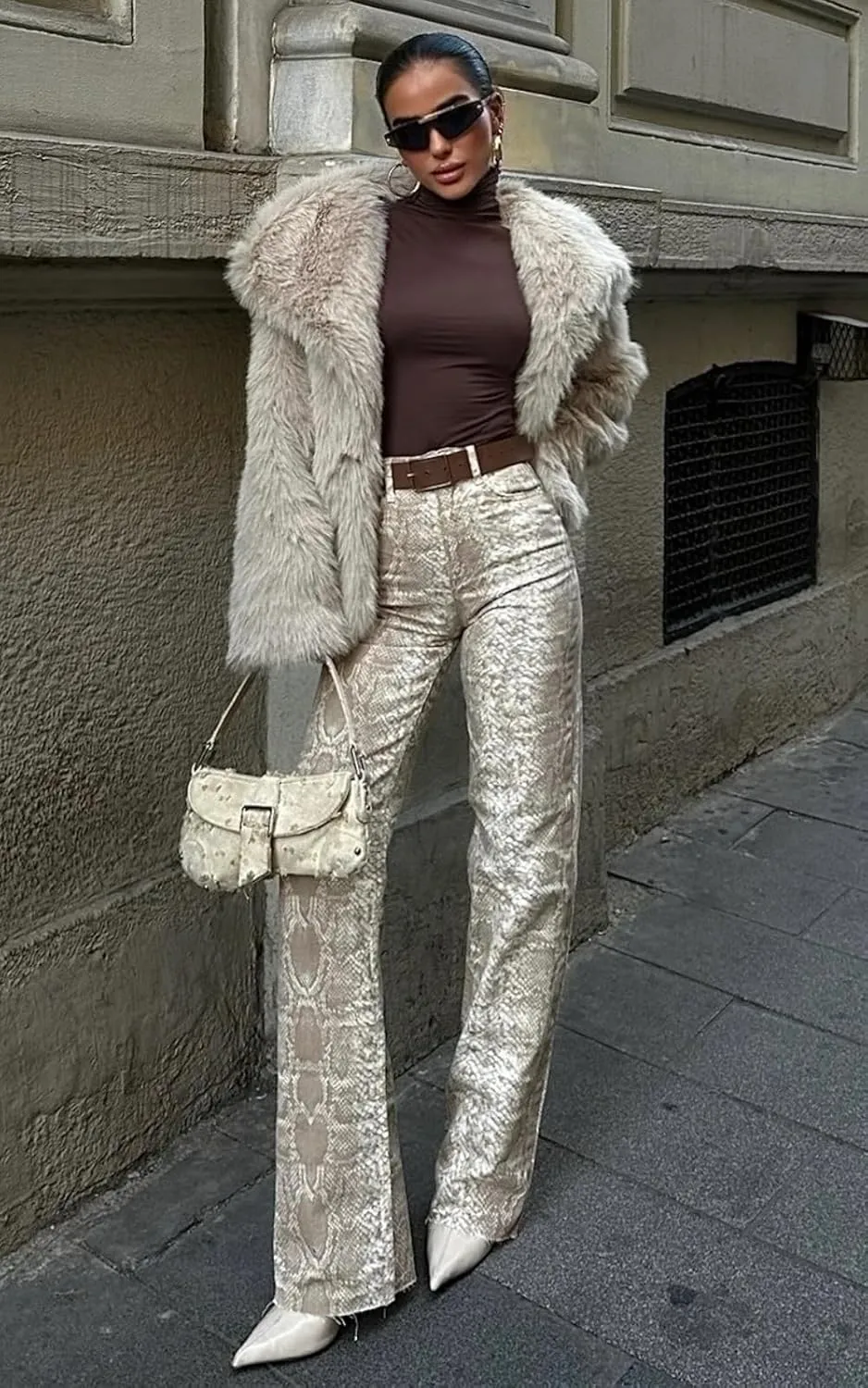 PIRAL Snake Print Palazzo Jeans 100% Cotton, Wide-Leg Design, 33" Inseam, Five Pockets