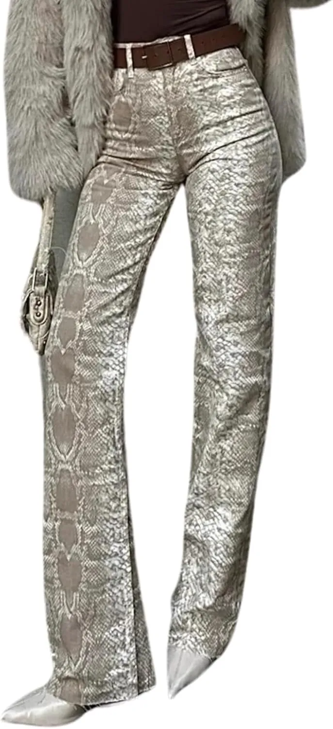 PIRAL Snake Print Palazzo Jeans 100% Cotton, Wide-Leg Design, 33" Inseam, Five Pockets