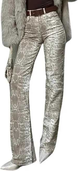 PIRAL Snake Print Palazzo Jeans 100% Cotton, Wide-Leg Design, 33" Inseam, Five Pockets