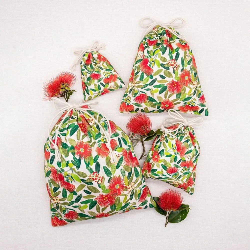 Pohutukawa Print Drawstring Bag Set