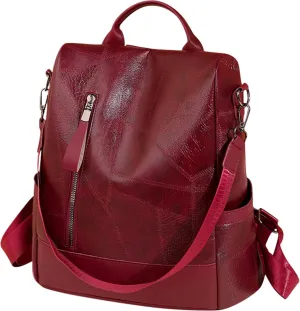 PORRASSO Anti-Theft Backpack Women Daypack Shoulder Bag Ladies Rucksack Waterproof PU Leather Knapsack for Travel Work Leisure Red