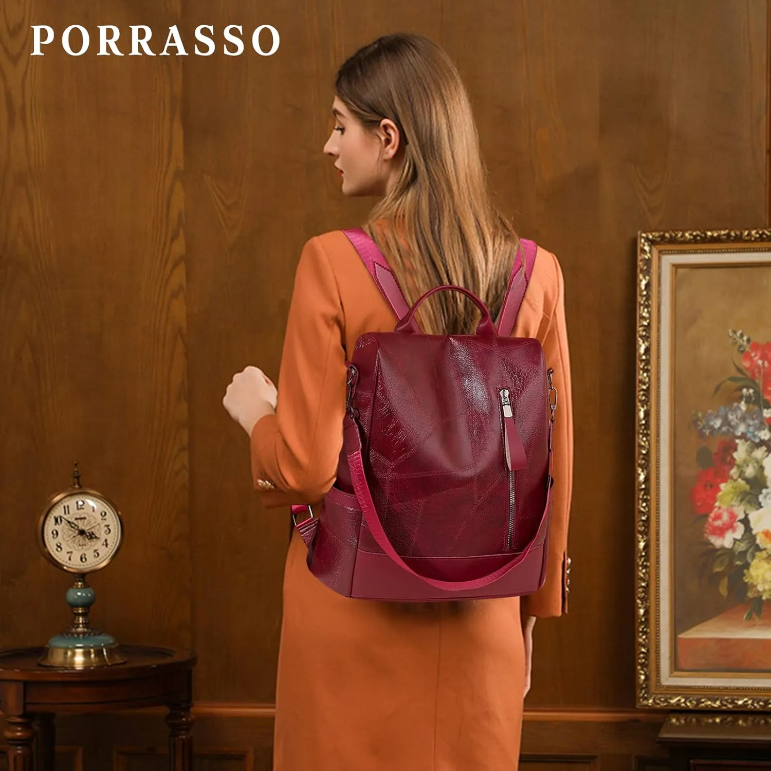 PORRASSO Anti-Theft Backpack Women Daypack Shoulder Bag Ladies Rucksack Waterproof PU Leather Knapsack for Travel Work Leisure Red