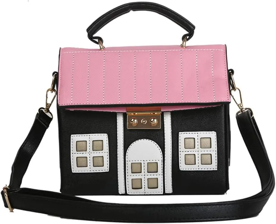 PORRASSO Crossbody Bag Women Creative Shoulder Bag PU House Shape Handbag Satchel Black