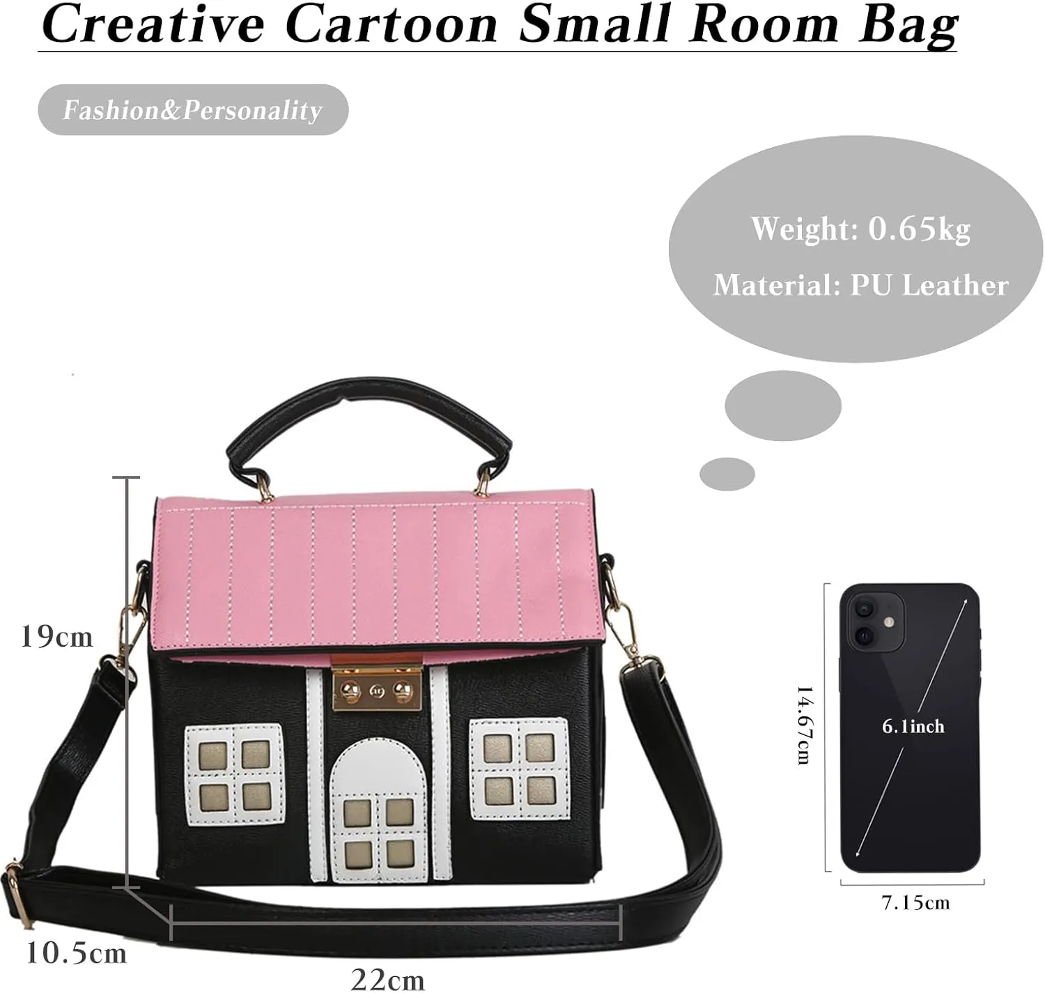 PORRASSO Crossbody Bag Women Creative Shoulder Bag PU House Shape Handbag Satchel Black