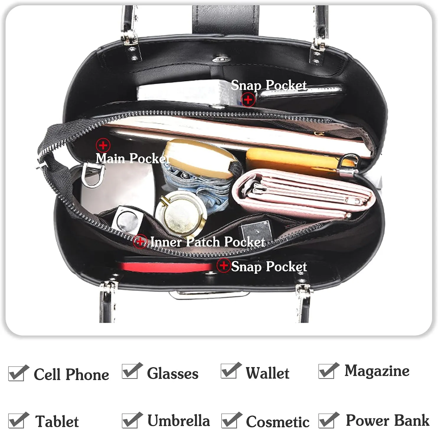 PORRASSO Fashion Handbag Purses Women Top-Handle Bags Ladies Crossbody Bag Satchel PU Leather Shoulder Tote Bags Black