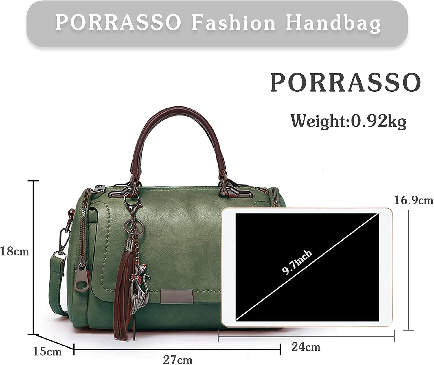 PORRASSO Retro Handbag Women Crossbody Bag Ladies Shoulder Bag Waterproof PU Leather Top-Handle Bag