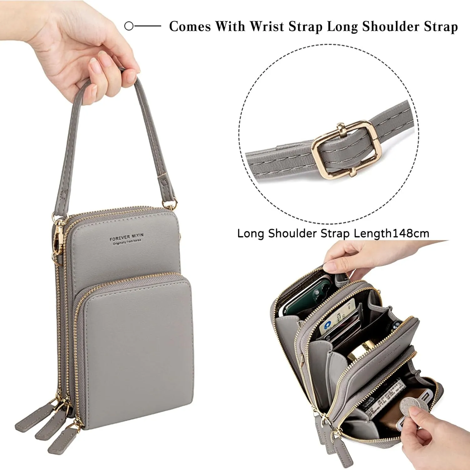 PORRASSO Touch Screen Crossbody Phone Bag Women Shoulder Bag PU Phone Purse Fashion Satchel Wristlet Bag Wallet for Dating Shopping Traveling Blue