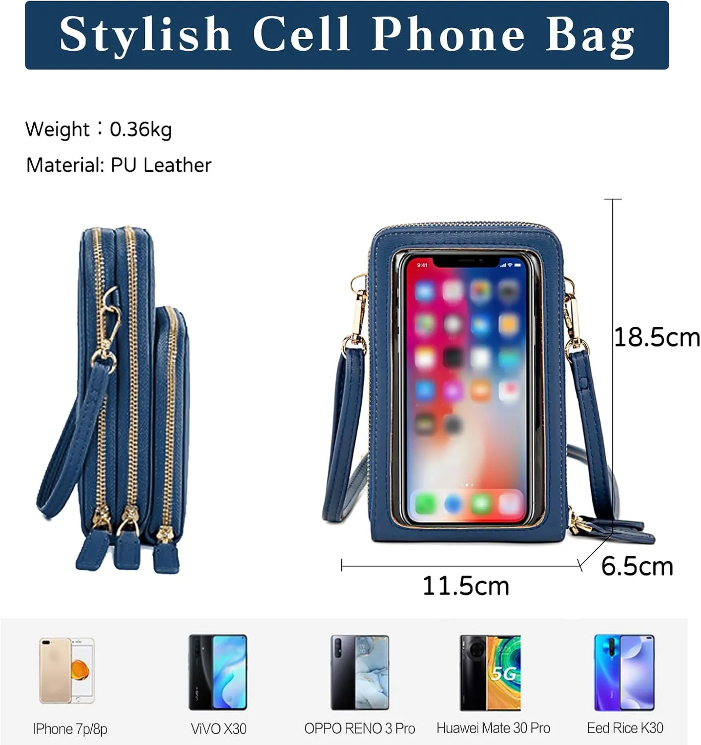 PORRASSO Touch Screen Crossbody Phone Bag Women Shoulder Bag PU Phone Purse Fashion Satchel Wristlet Bag Wallet for Dating Shopping Traveling Blue
