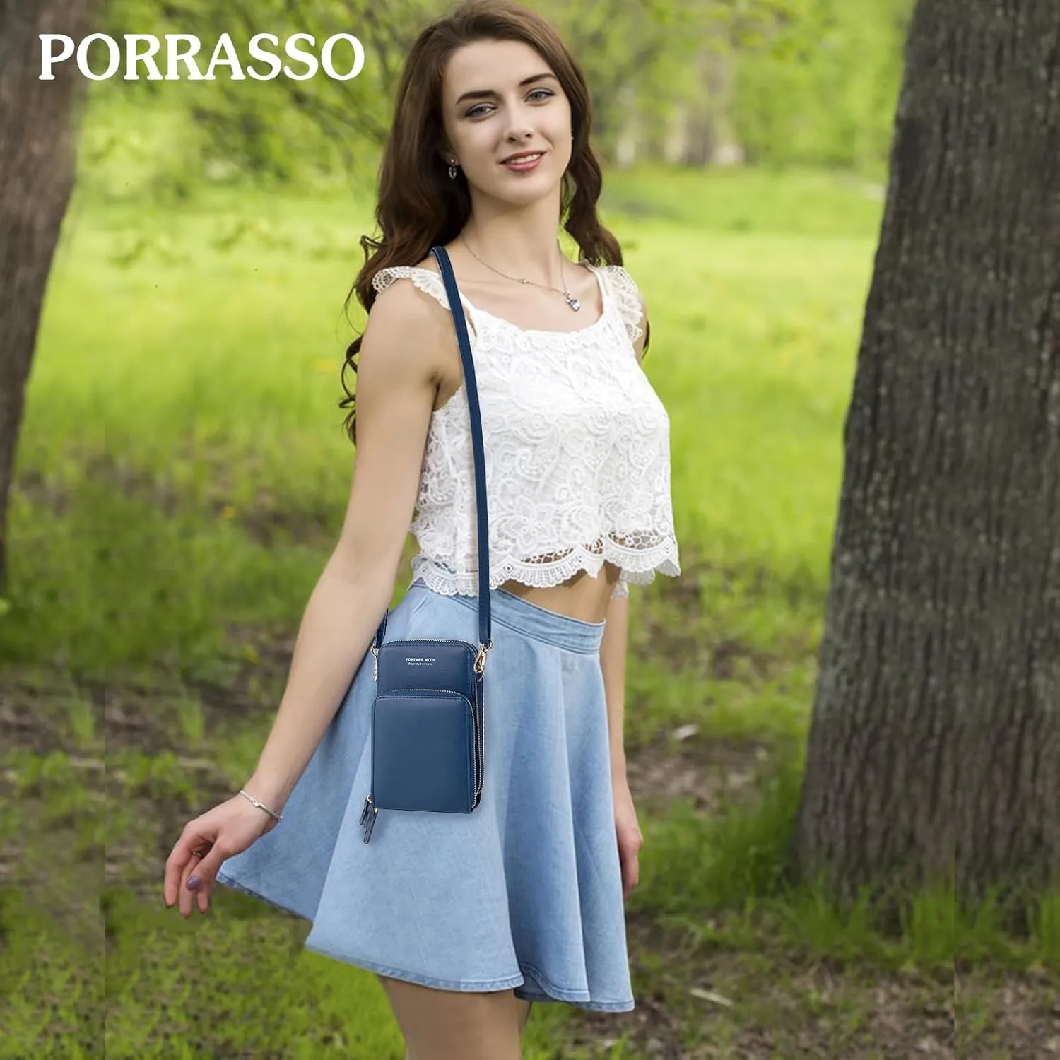 PORRASSO Touch Screen Crossbody Phone Bag Women Shoulder Bag PU Phone Purse Fashion Satchel Wristlet Bag Wallet for Dating Shopping Traveling Blue