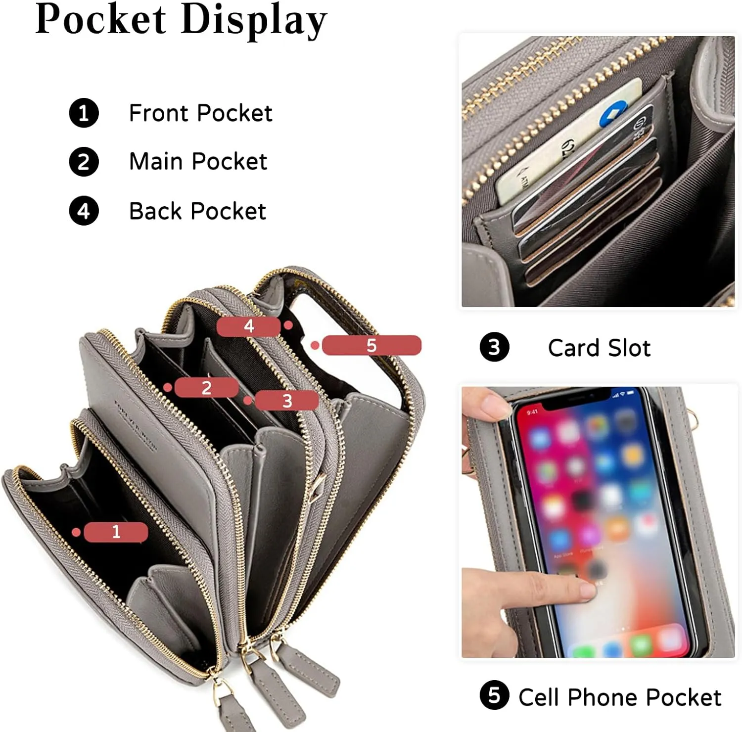 PORRASSO Touch Screen Crossbody Phone Bag Women Shoulder Bag PU Phone Purse Fashion Satchel Wristlet Bag Wallet for Dating Shopping Traveling Blue