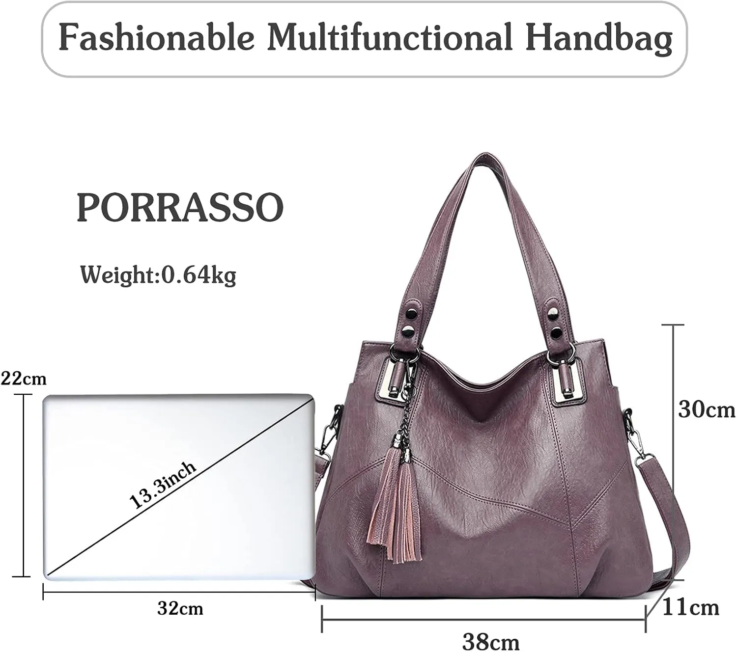 PORRASSO Women Handbags Fashion Hobo Shoulder Bag Ladies Crossbody Bag Large Tote Purse