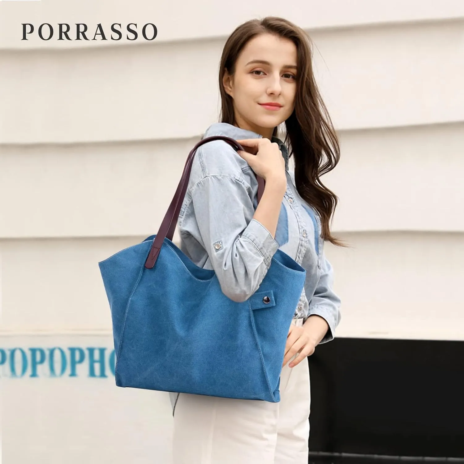 PORRASSO Women's Handbag Canvas Tote Large Shoulder Bag Ladies Hobo Top-Handle Bag