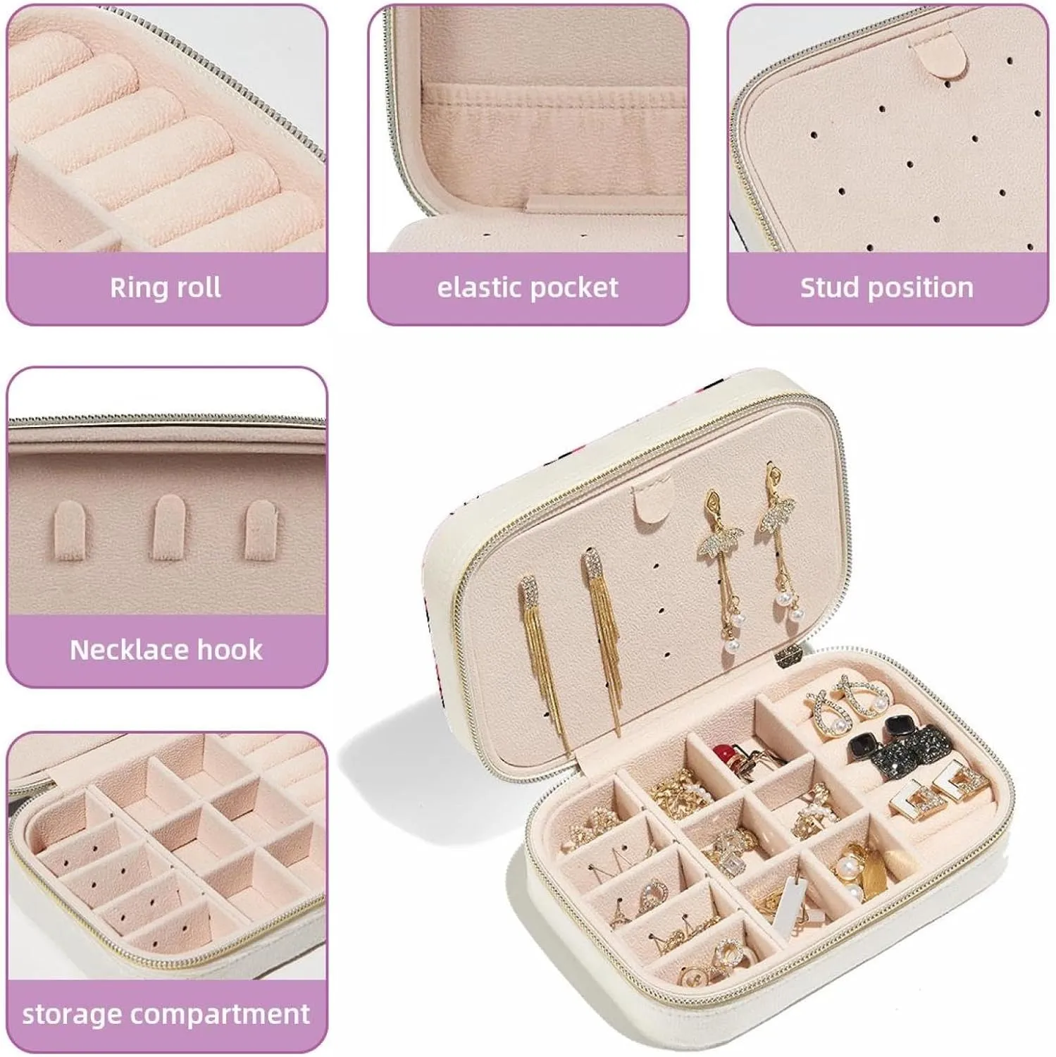 Portable Travel Mini Jewelry Box Velvet Jewellery Ring Organizer Case Pink Dots Ladybugs Pattern