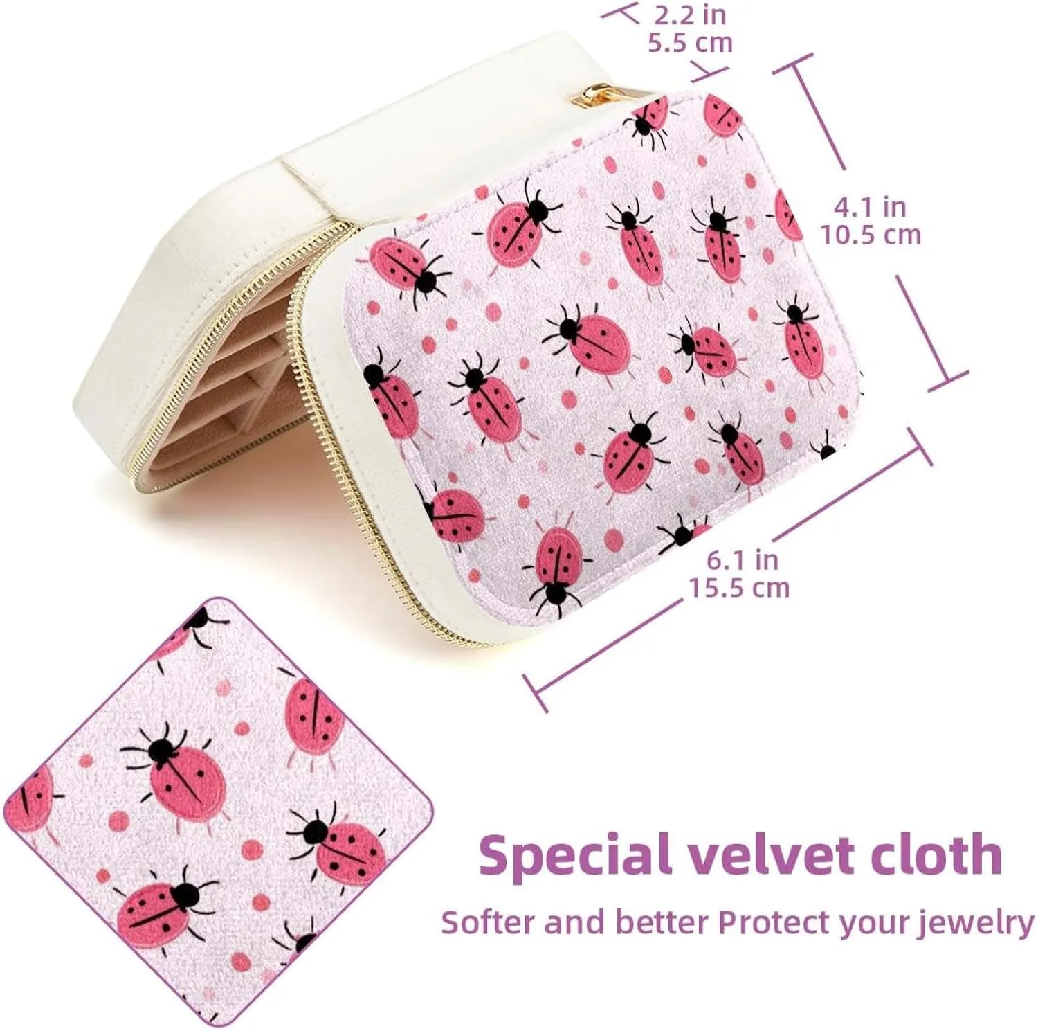 Portable Travel Mini Jewelry Box Velvet Jewellery Ring Organizer Case Pink Dots Ladybugs Pattern